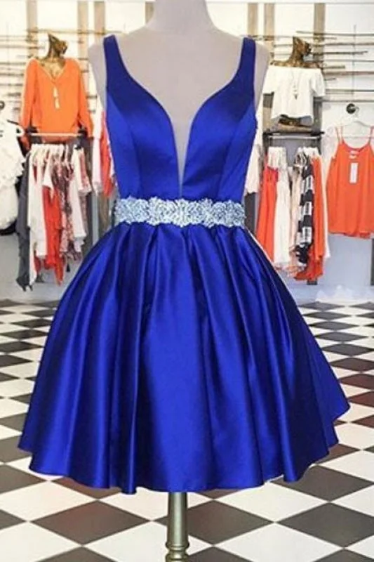 modest evening dress-Cute Short Prom Royal Blue Beading Sleeveless Homecoming Dress