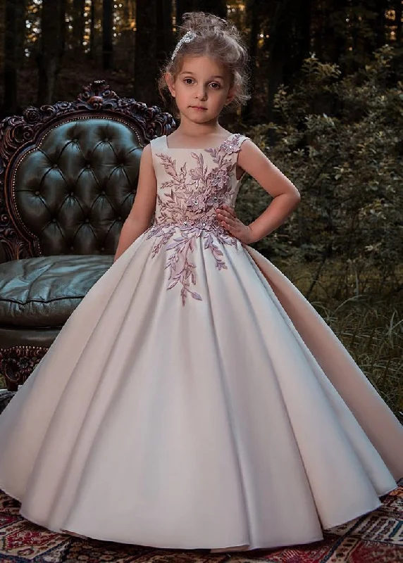 beaded bodice evening gown-Cute Square Long Flower Girl Dresses Birthday Gown Pageant Dress with Appliques