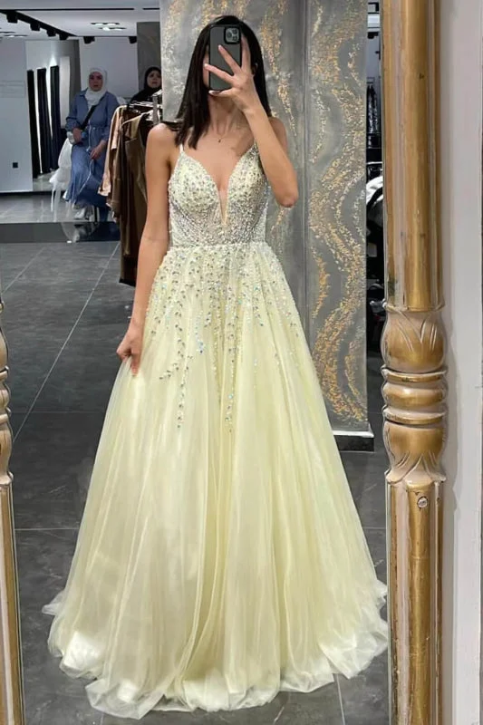 chiffon evening dress-Daffodil Spaghetti-Strap Tulle A-Line Prom Dress with Beadings