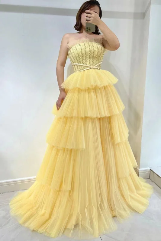 elegant ball gown evening dress-Daffodil Strapless Sleeveless Layered Tulle Prom Dress