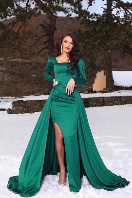 off shoulder evening dress-Dark Green Long Sleeve Mermaid Prom Dress with Slit and Detachable Skirt