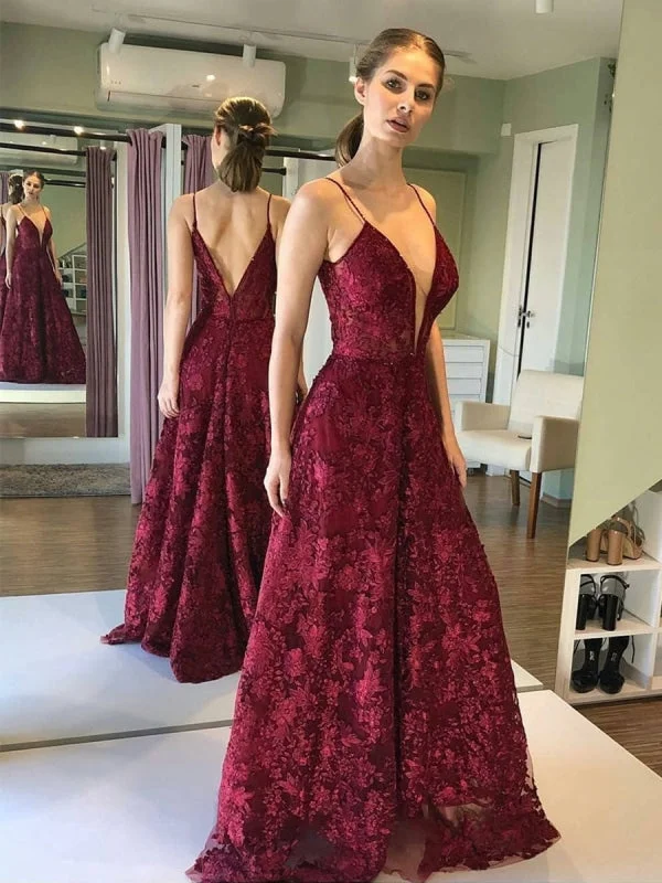 classic black evening gown-Deep V Neck and V Back Burgundy Lace Long Prom, Open Back Maroon Lace Formal, Burgundy Evening