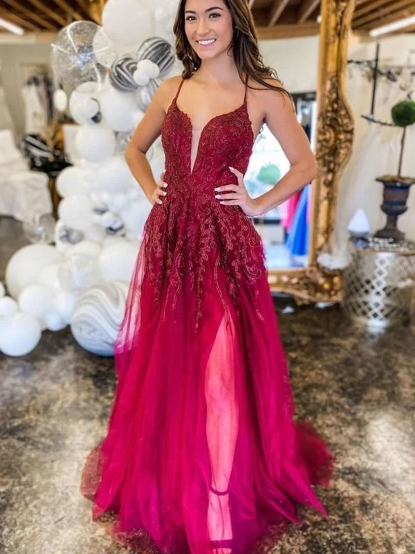 sheer sleeve evening gown-Deep V Neck Backless Burgundy Lace Long Prom, Long Burgundy Lace Formal Evening