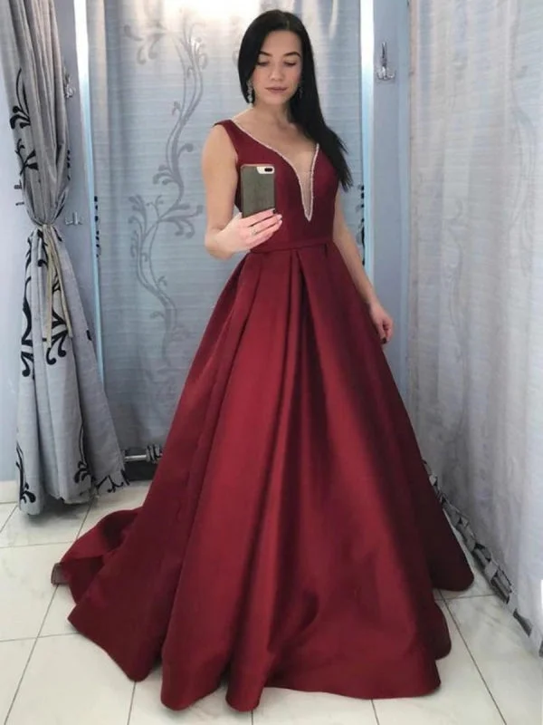 evening dress with embroidery-Deep V Neck Backless Burgundy Satin Long Prom, Backless Burgundy Formal, Burgundy Evening