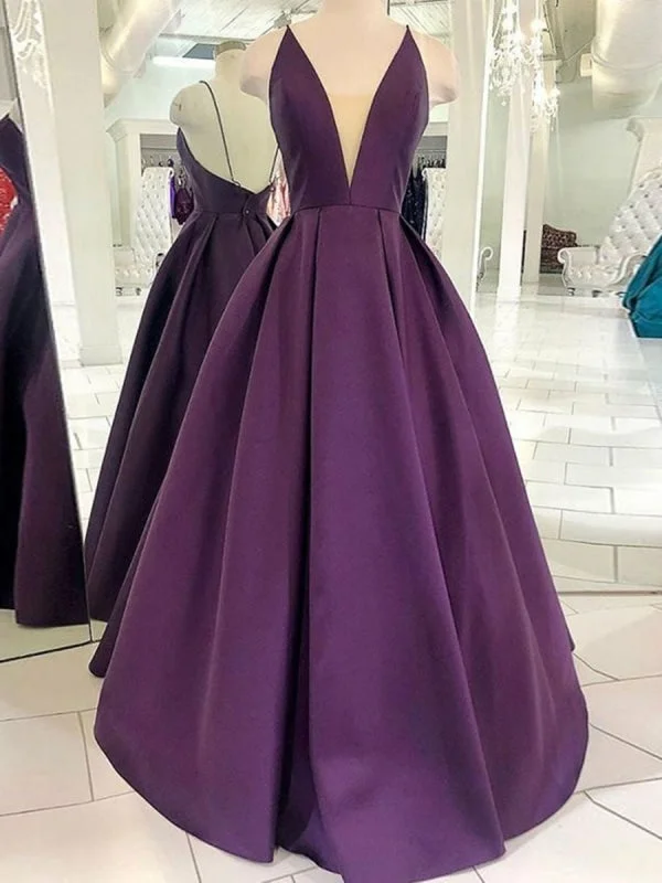 scalloped hem evening gown-Deep V Neck Backless Purple Satin Long Prom, Backless Purple Formal, Purple Evening