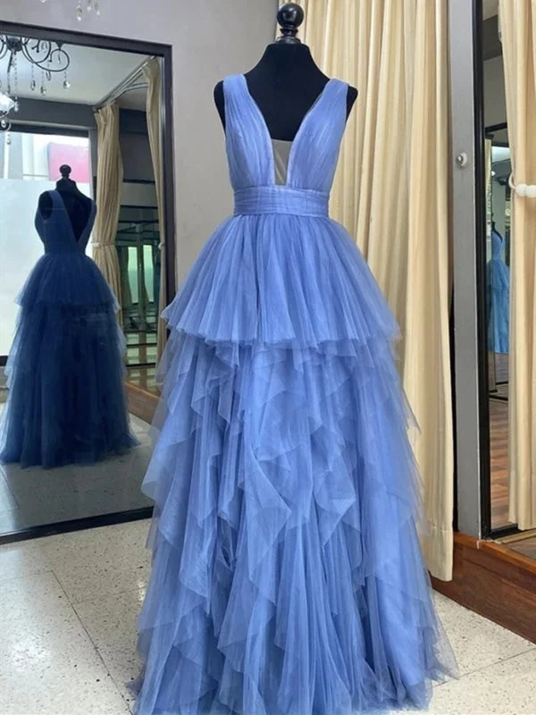 sleeveless evening gown-Deep V Neck Blue Layered Long Prom, Long Blue Formal Evening