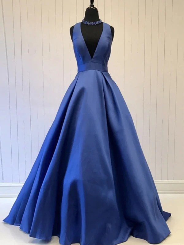 sheer back evening dress-Deep V Neck Blue Satin Long Prom, Blue Formal Graduation Evening, Party