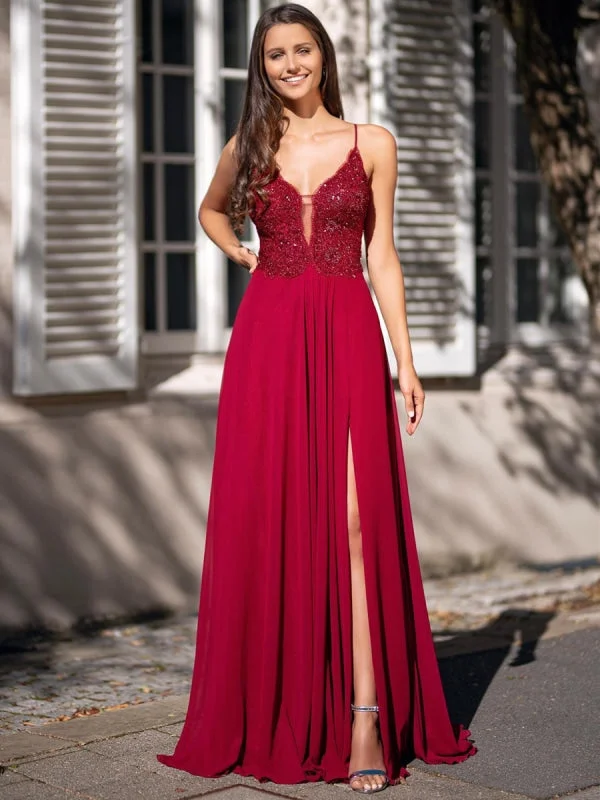 sequined formal evening dress-Deep V Neck Burgundy Lace Long Prom with Slit, Burgundy Lace Formal Graduation Evening