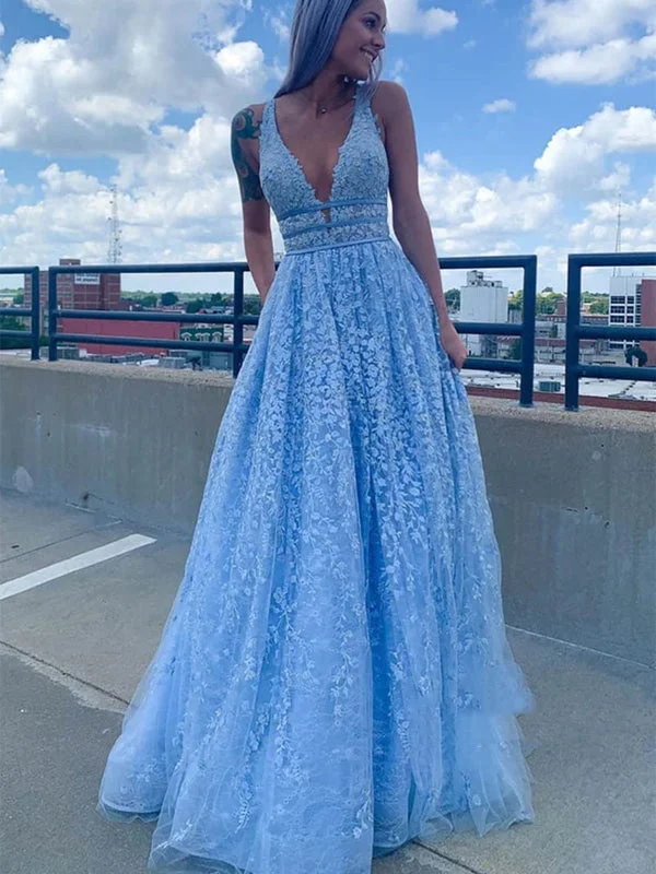 classic black evening gown-Deep V Neck Light Blue Lace Long Prom Dresses, Light Blue Lace Formal Graduation Evening Dresses