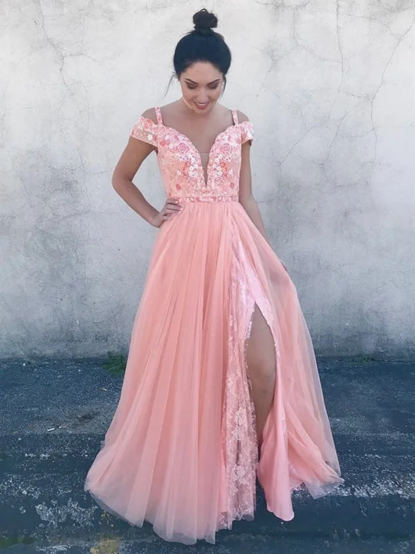 evening dress with sleeves and lace-Deep V Neck Off Shoulder Pink Lace Floral Prom, Off the Shoulder Pink Formal, Pink Lace Evening