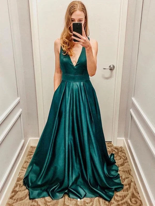 mermaid evening gown-Deep V Neck Open Back Green Satin Long Prom, Long V Neck Green Formal Graduation Evening