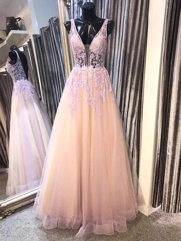 sleeveless evening gown-Deep V Neck Open Back Pink Lace Long Prom, Backless Pink Lace Formal, Lace Pink Evening