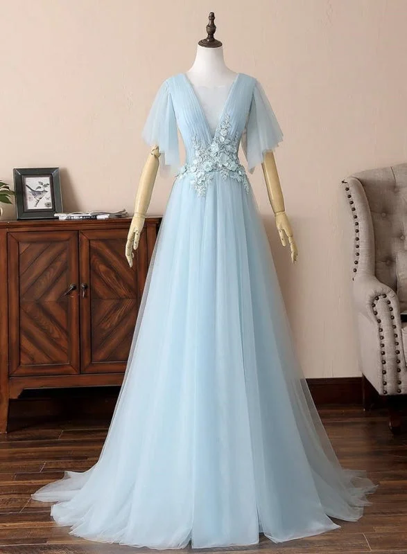 asymmetrical evening gown-Deep V Neck Open Back Short Sleeves Floral Lace Light Blue Long Prom, Short Sleeves Light Blue Formal Evening