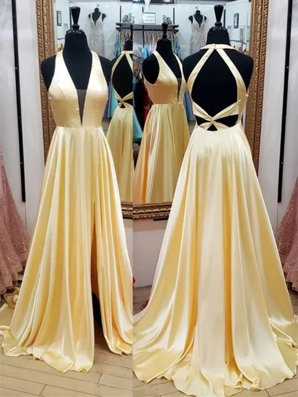 royal blue evening gown-Deep V Neck Open Back Yellow Long Prom with Leg Slit, Yellow Formal Graduation Evening