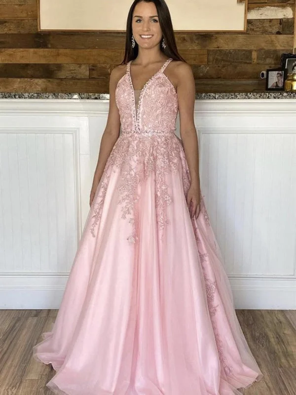 halter neck evening dress-Deep V Neck Pink Lace Long Prom, Pink Lace Formal, Pink Evening