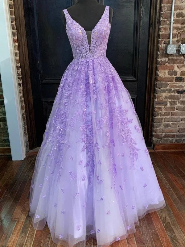 evening dress with shawl-Deep V Neck Purple Lace Long Prom, Purple Lace Formal Graduation Evening