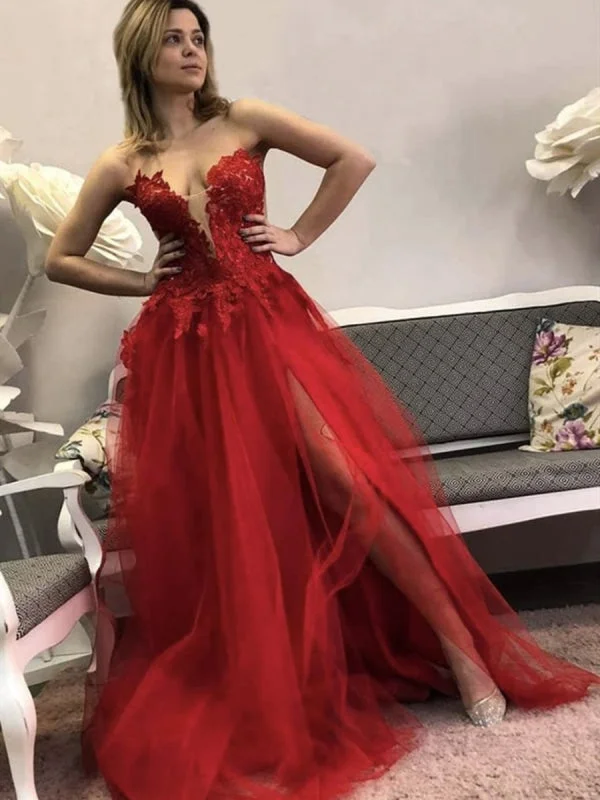 evening dress with crystals-Deep V Neck Red Lace Floral Long Prom with Slit, Red Lace Formal, Red Evening