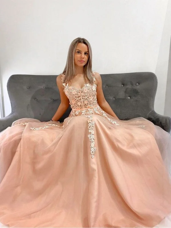 flared evening dress-Double Straps Champagne Lace Long Prom, Long Champagne Lace Floral Formal, Champagne Evening