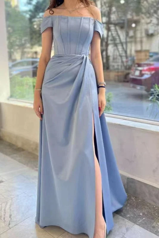 evening gown with high-low hem-Dusty Blue Elegant Off-the-Shoulder Prom Dress with Pleats and Split