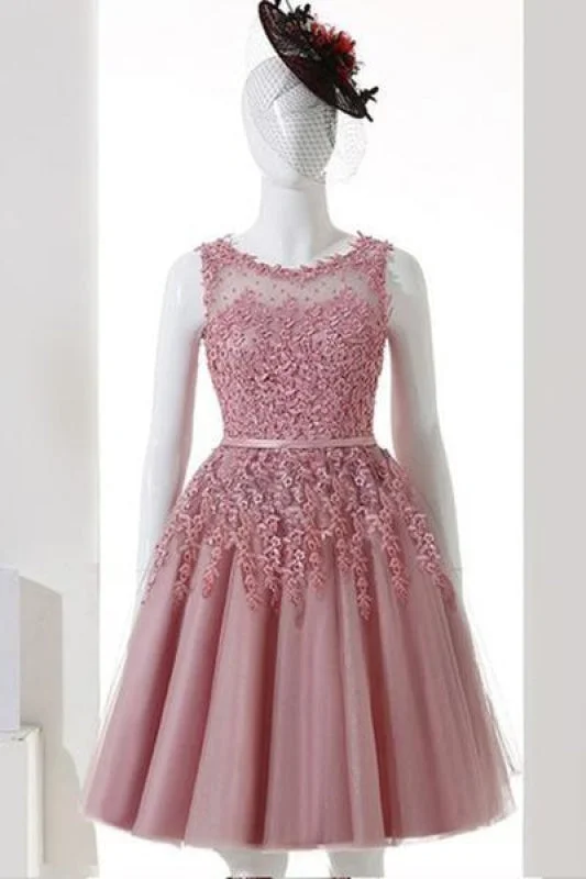 formal evening dress-Dusty Pink A-Line Sleeveless Tulle Dress Lace Applique Homecoming Gown