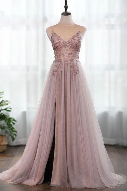 tulle evening gown-Dusty Pink Spaghetti Straps Gorgeous Beading Prom Dress A Line Split Tulle Evening Dresses