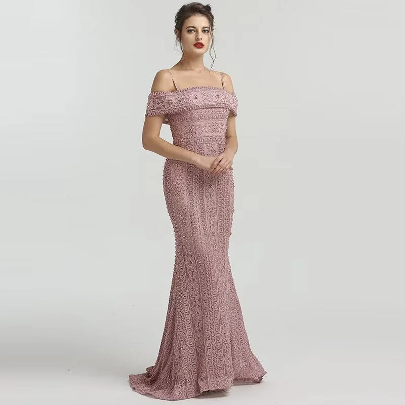 mermaid evening gown-Dusty Rose Off-the-Shoulder Prom Dress with Mermaid Beading