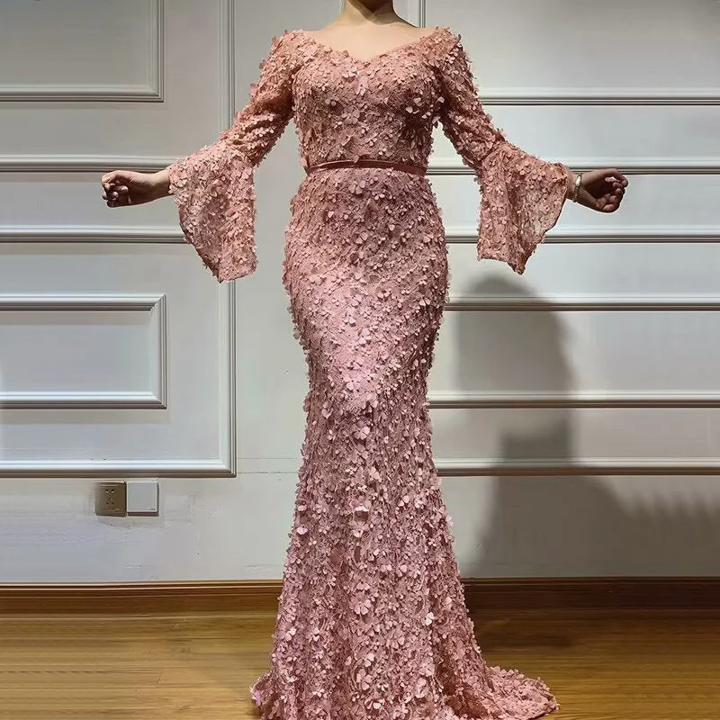 scalloped hem evening gown-Dusty Rose Prom Dress, V-Neck Long Sleeve Mermaid with Applique