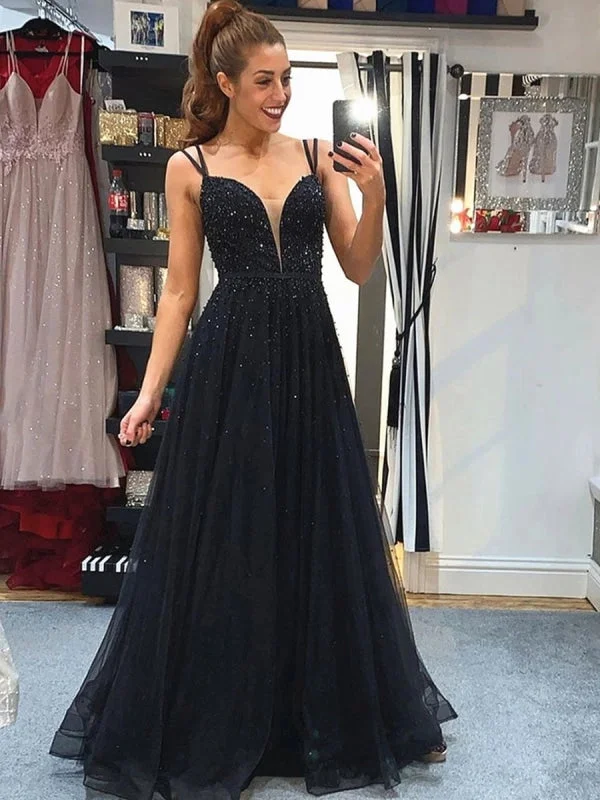 illusion neckline evening gown-Elegant A Line V Neck Backless Beaded Top Black Long Prom, V Neck Backless Black Formal Graduation Evening