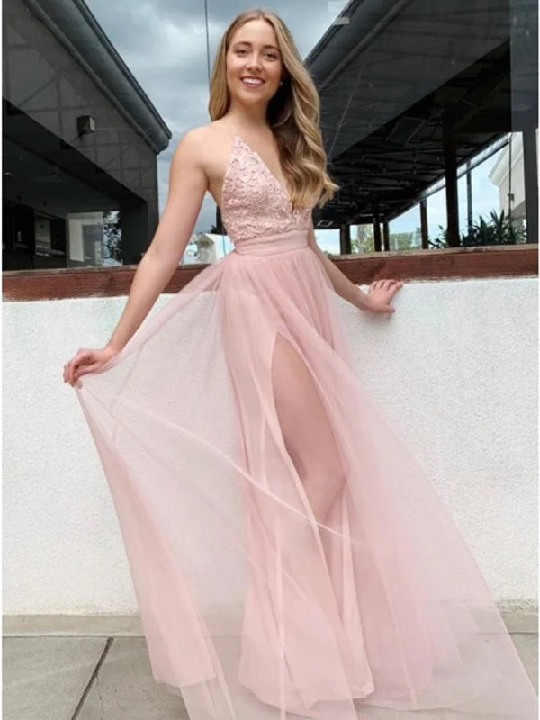 evening dress for prom-Elegant A Line V Neck Pink Lace Long Prom with Slit, Pink Lace Formal Graduation Evening