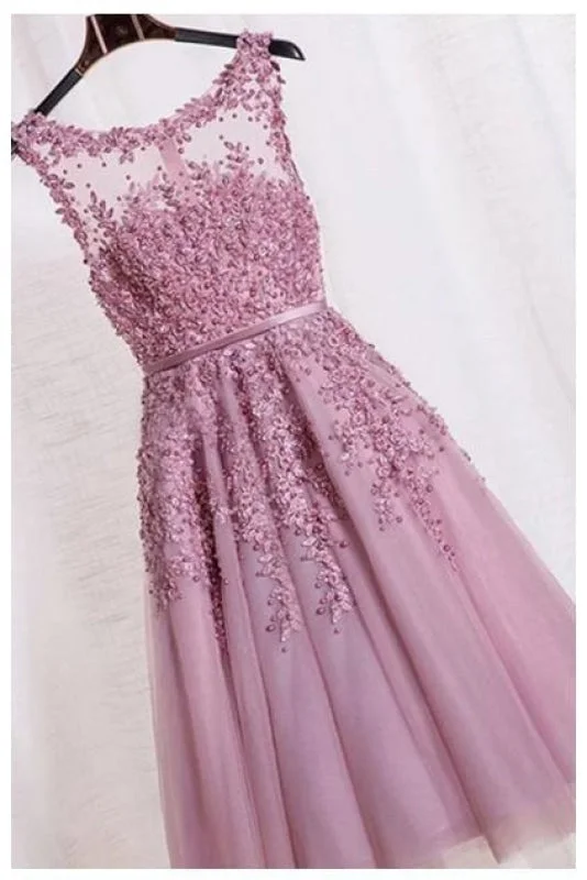 layered evening dress-Elegant Appliques Formal Short Homecoming Dress Sleeveless Tulle Prom Gown