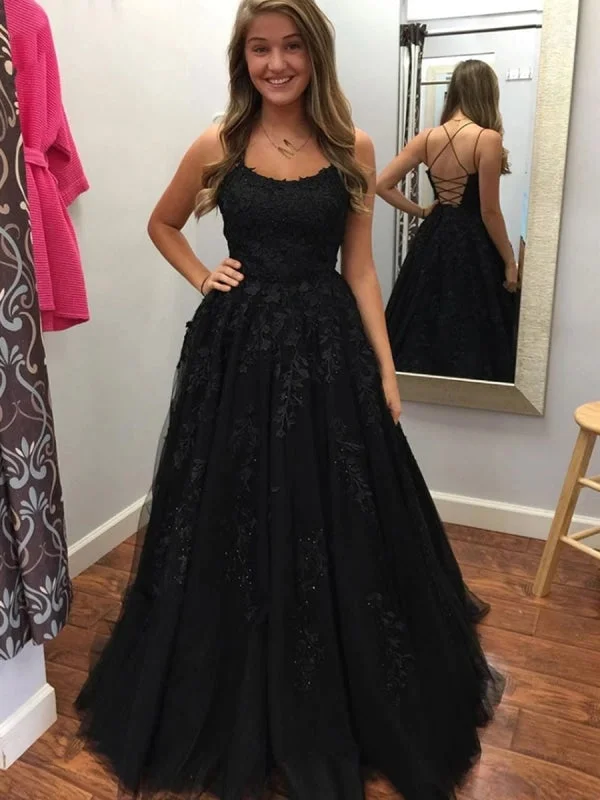 sophisticated evening dress-Elegant Backless Black Lace Tulle Long Prom, Backless Lace Black Formal, Black Lace Evening