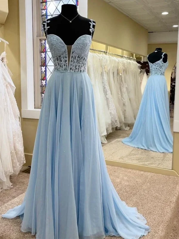 formal evening gown-Elegant Blue/Purple V Neck Lace Chiffon Long Prom Dresses with High Slit, Blue/Purple Lace Formal Graduation Evening Dresses