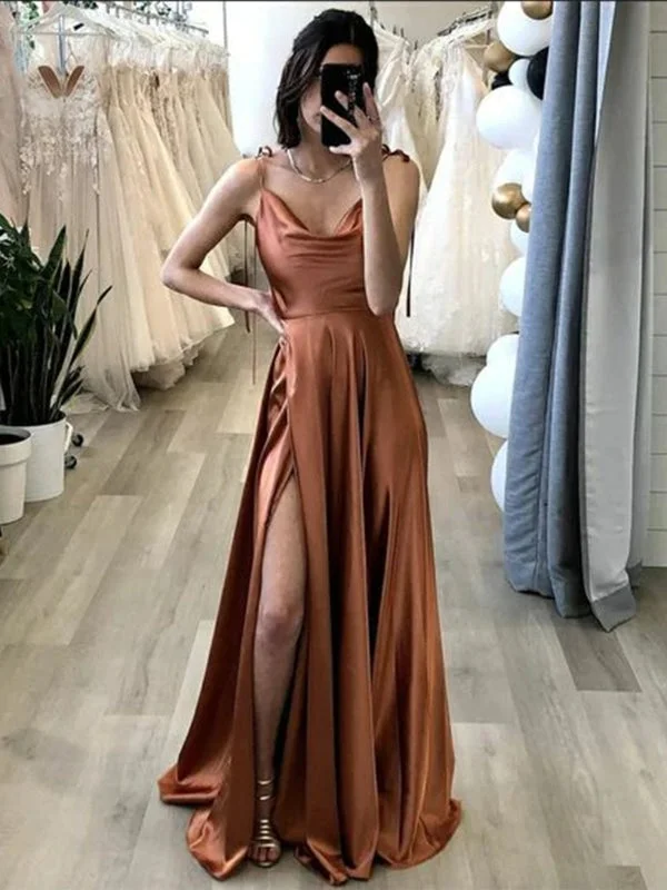 high neck formal evening gown-Elegant Brown Satin Long Prom Dresses with High Slit, Long Brown Formal Graduation Evening Dresses