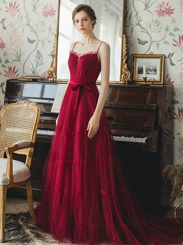 evening dress with train-Elegant Burgundy Tulle Long Prom, Unique Burgundy Formal Graduation Evening