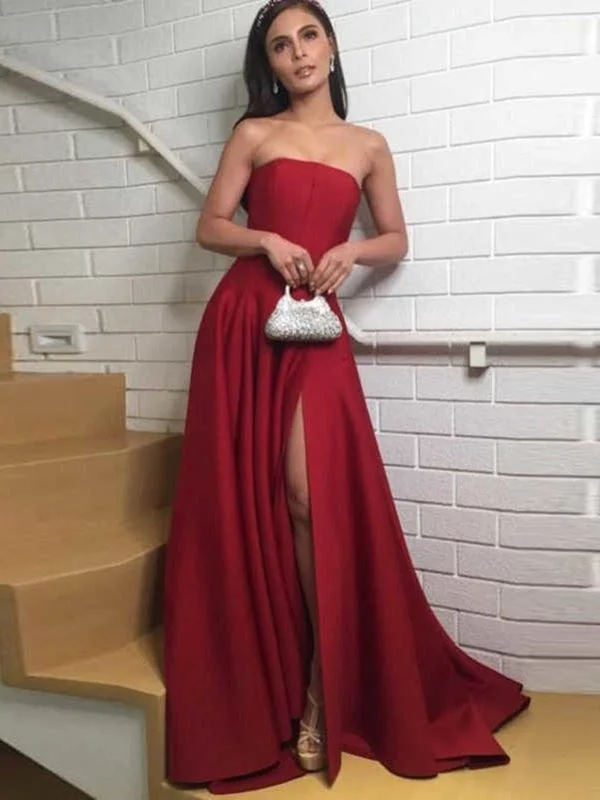 sparkly evening gown-Elegant Dark Red Strapless Satin Long Prom Dresses with Side High Slit, Dark Red Formal Graduation Evening Dresses