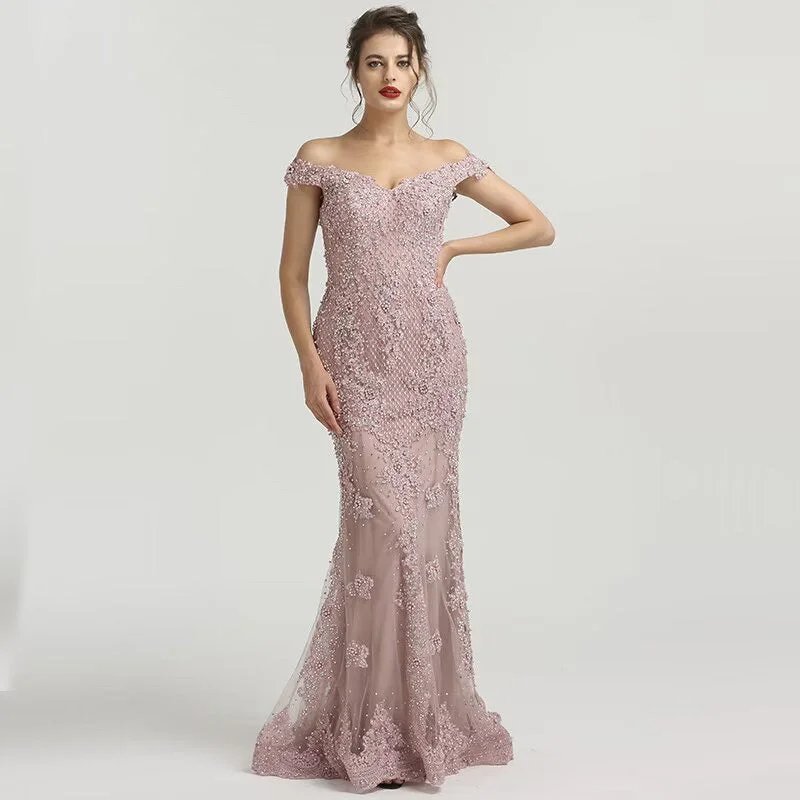 tulle evening gown-Elegant Dusty Pink Sequin Appliques Prom Dress, Mermaid V-Neck with Beads