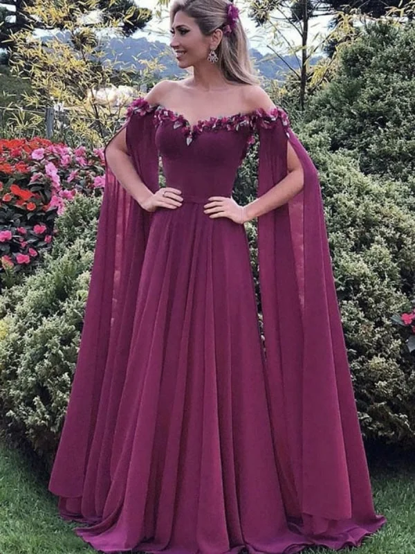 deep V-neck evening gown-Elegant Floral Purple Chiffon Long Prom, Purple Formal Graduation Evening