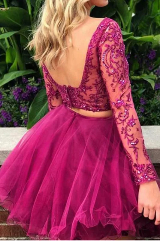 navy blue evening gown-Elegant Glorious Fuchsia Two Piece Long Sleeves Tulle Homecoming with Beading Short Prom Dress