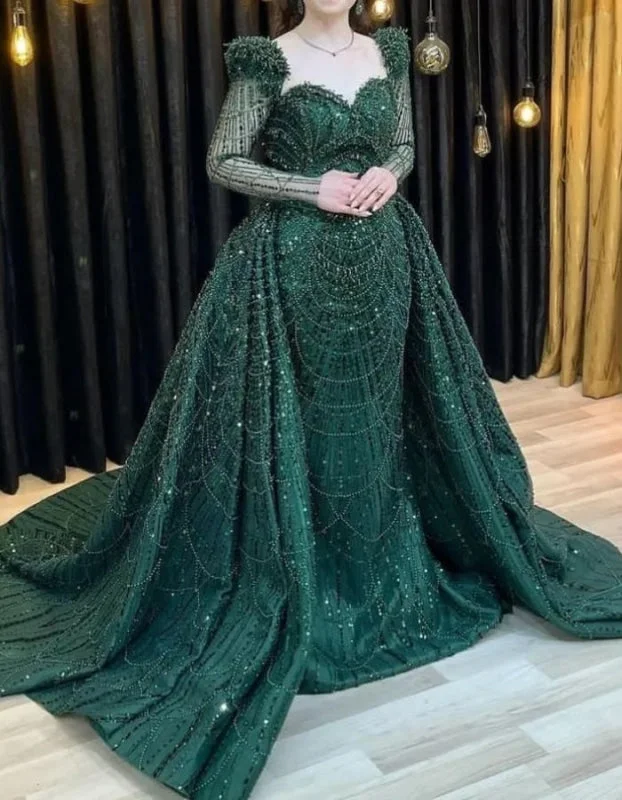 ball gown evening dress-Elegant Green Applique Prom Dress, Long Sleeve Mermaid