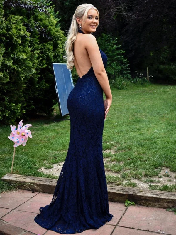 elegant satin evening dress-Elegant Halter Neck Backless Mermaid Blue Lace Long Prom, Mermaid Blue Lace Formal Graduation Evening