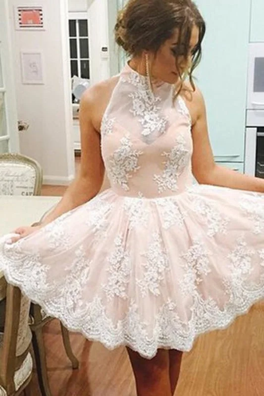 glamorous evening gown-Elegant High Neck Homecoming with White Lace Sweet 16 Graduation Dress