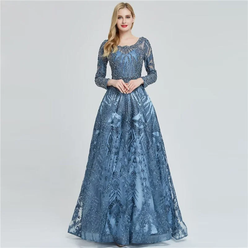 deep V-neck evening gown-Elegant Ink Blue Long Sleeve Prom Dress, Sequin Applique A-Line