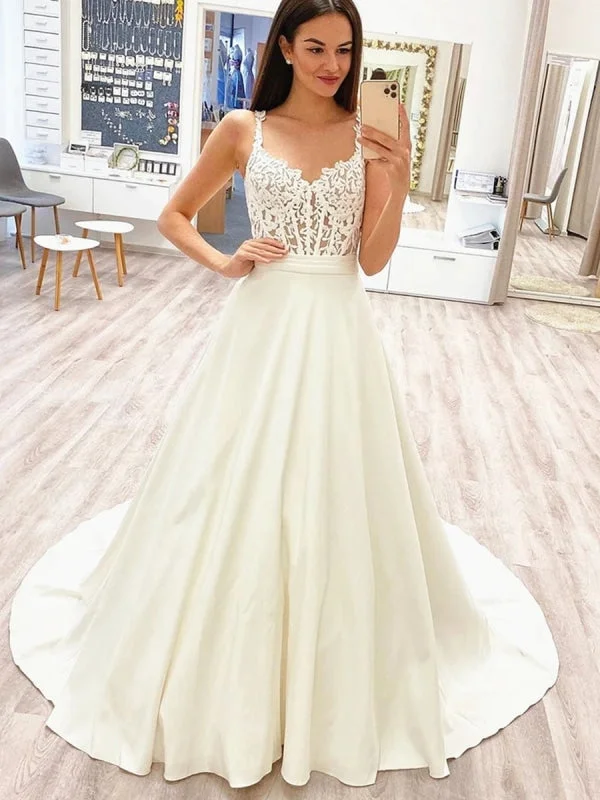 evening gown with pleated skirt-Elegant Long White Lace Wedding with Train, White Lace Prom Formal Evening