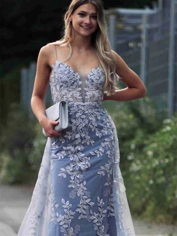 beaded evening dress-Elegant Mermaid Backless V Neck Blue Lace Long Prom Dresses, Mermaid Blue Formal Dresses, Blue Lace Evening Dresses