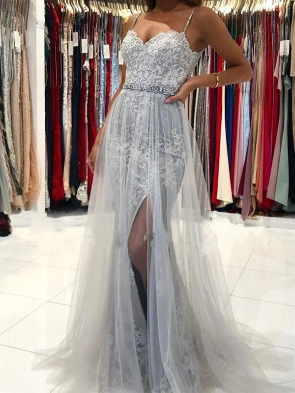 evening dress with cape-Elegant Mermaid Gray Lace Long Prom Dresses with High Slit, Gray Lace Formal Dresses, Mermaid Grey Evening Dresses