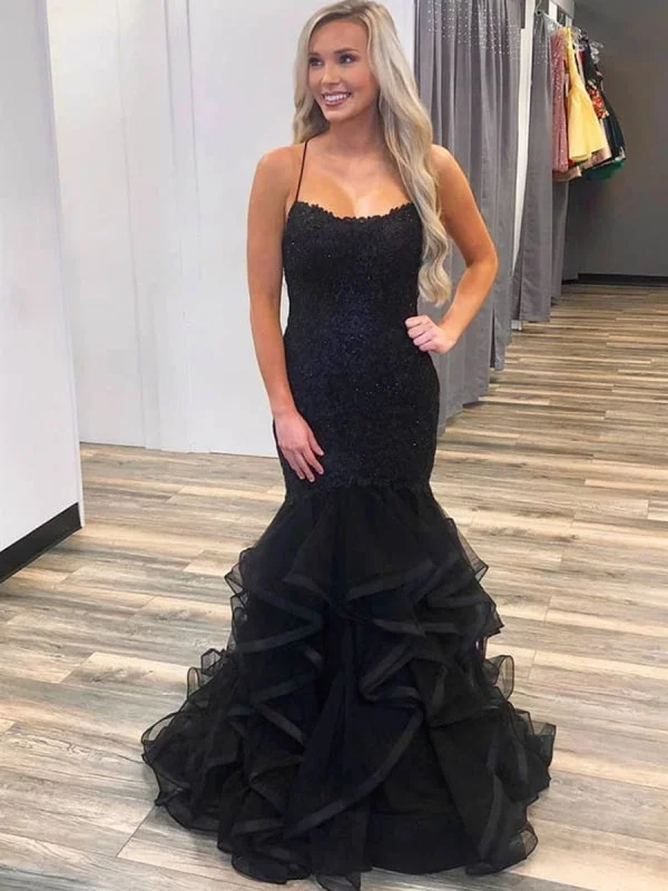 spaghetti strap evening gown-Elegant Mermaid Puffy Black Lace Long Prom, Mermaid Lace Black Formal, Lace Black Evening