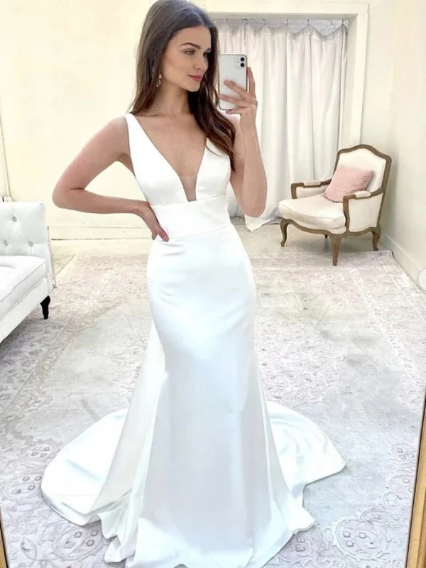 elegant cocktail evening dress-Elegant Mermaid V Neck White Satin Long Prom, Mermaid White Formal, White Evening