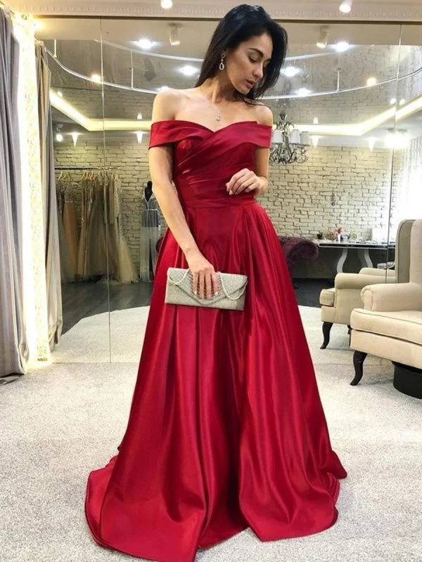 elegant long sleeve evening dress-Elegant Off Shoulder Burgundy Satin Long Prom, Off the Shoulder Burgundy Formal Graduation Evening