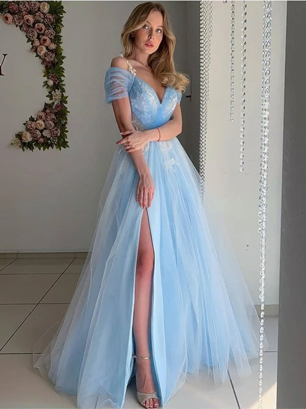 spaghetti strap evening gown-Elegant Off Shoulder Light Blue Tulle Long Prom, Off the Shoulder Light Blue Formal Evening