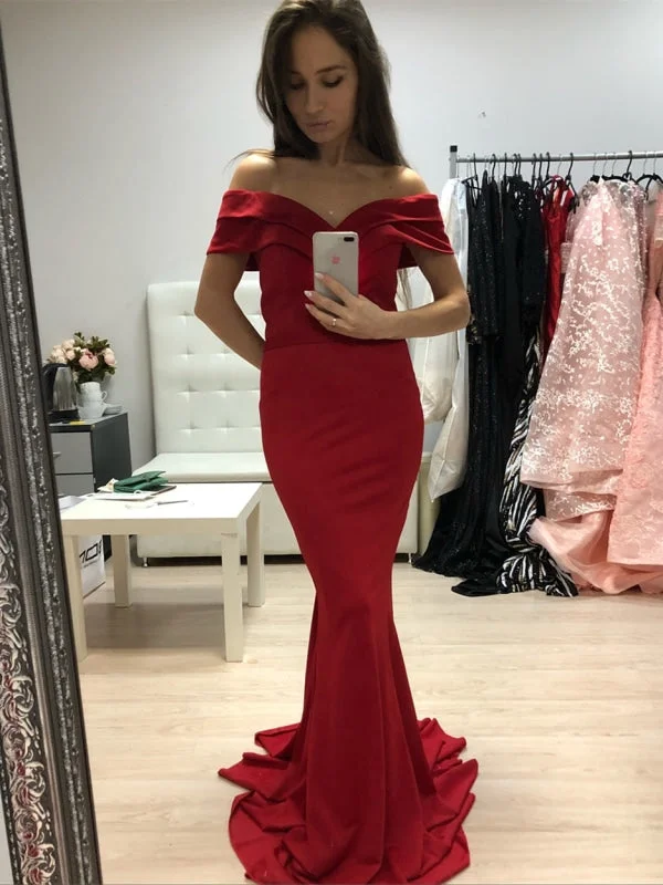 layered evening dress-Elegant Off Shoulder Mermaid Long Red Prom, Off Shoulder Mermaid Red Formal Graduation Evening